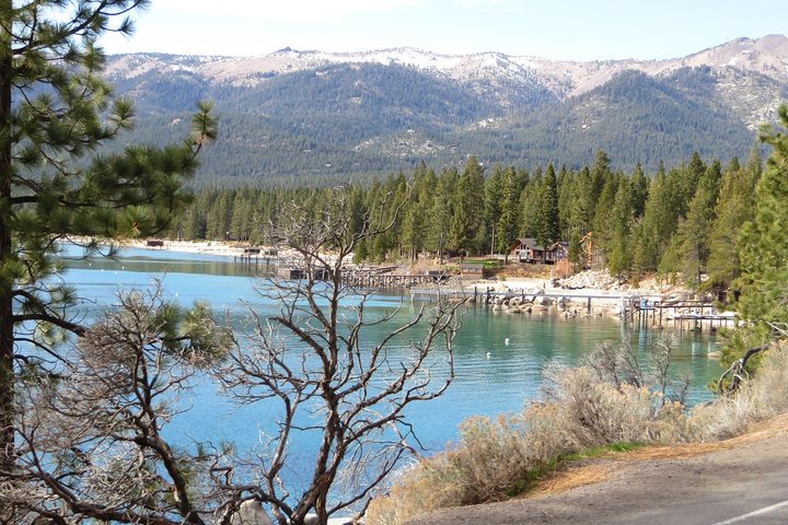 Lake Tahoe shoreline at Incline Village, Nevada, with the Sierra behind it